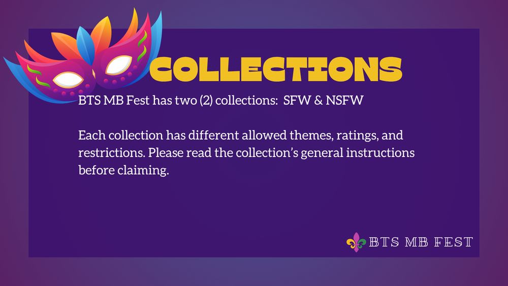 Graphic with violet background and a colorful mask tilted to the left at the upper left corner. Text includes "Collections" and the rest of the details about the fest. "BTS MB Fest" at the lower right corner.