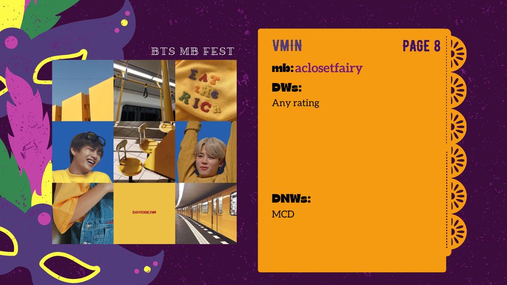 A graphic with a dark violet background and two colorful masks at the left margin features a 3x3 moodboard of various items in shades of yellow and blue, along with photos of BTS members Park Jimin and Kim Taehyung. The text at the top reads "BTS MB FEST". On the left side, a list of information about the ship, including page number and preferences, is located. 