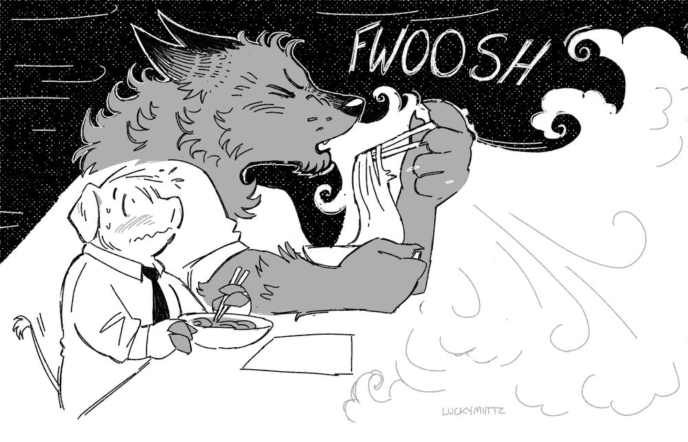 The grey wolf huffs and puffs and blows a great gust of wind to cool his noodles down before eating them. The pig continues to stare in surprise, blushing a bit.