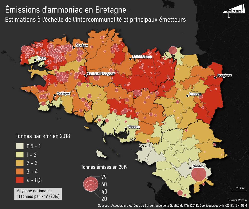 Carte des émissions d'ammoniac en Bretagne produites par "Splann !" en 2021.