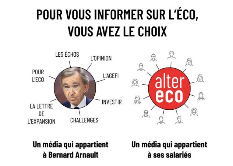 Pour vous informer sur l'éco vous avez le choix, un média qui appartient à Bernard Arnault ou Alter Eco, un média qui appartient à ses salariés.