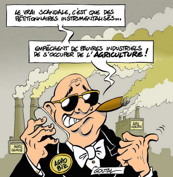 Un patron cigare à la bouche, devant des usines fumantes : "Le vrai scandale, c'est que des pétionnaires instrumentalisés empêchent de pauvres industriels de s'occuper de l'agriculture"