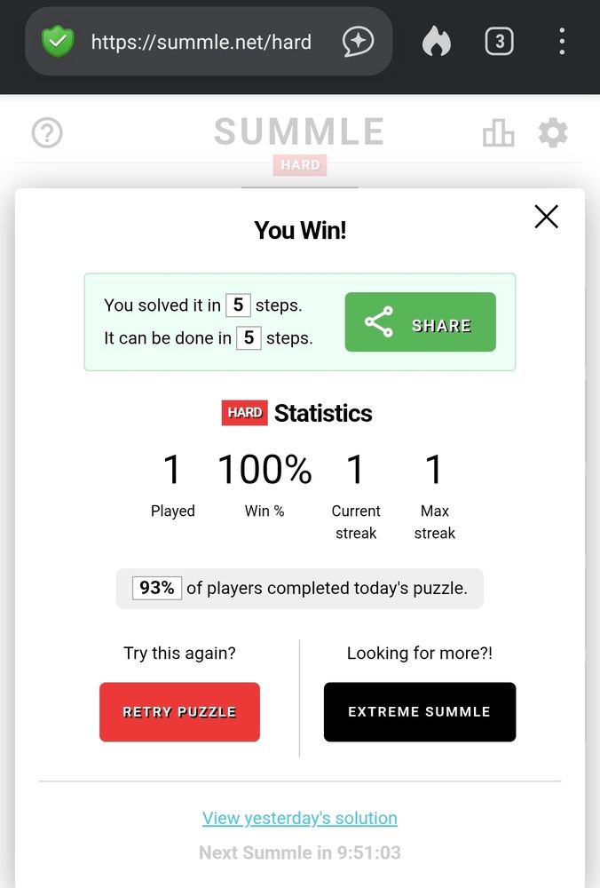Screenshot of summle hard result Screenshot showing the option to play extreme summle