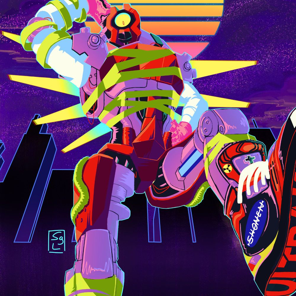 Outrun/neon-style fanart of V2 (Ultrakill) as she's portrayed in Mullet Madjack, with expensive looking red sneakers and bandage wrappings around her lilmbs and torso. She's looking down at the camera from a very low angle, with a foot propped up against the border of the image so that the shoe is close to the camera. The background is a 1980s styled cyber-neon cityscape.