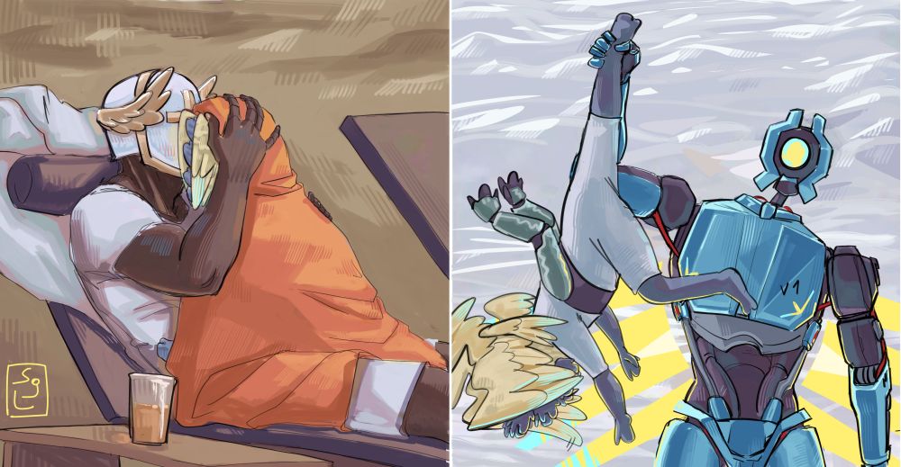 Meme redraws of Gabriel/V1 (ultrakill) with their fankid Veritas, drawn over the meme pictures of the dads with their kid at the beach. Gabriel is drawn as the "good" dad, cuddling Veritas on a deck chair and drying her with a big towel. V1 is drawn as the "bad" dad, playfully lifting her up by the foot and posing like it's taking a picture with a huge fish.