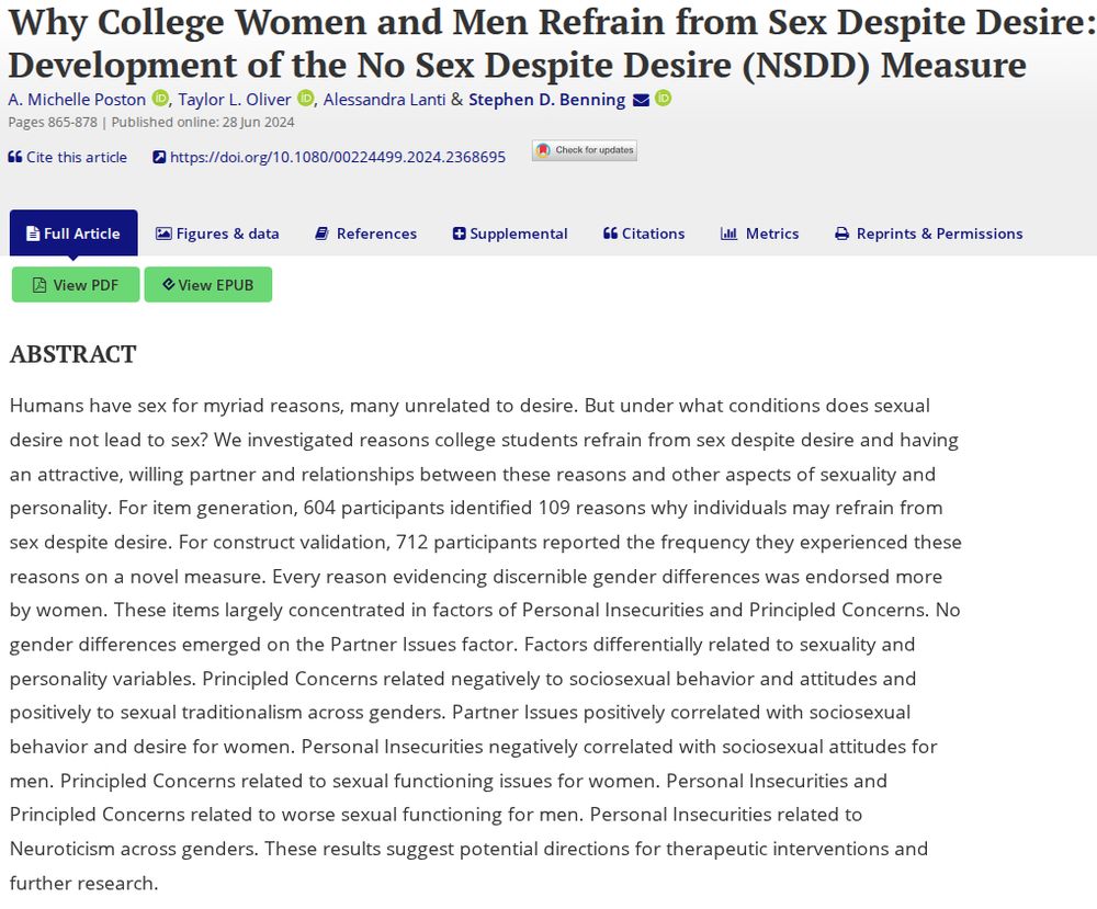 Humans have sex for myriad reasons, many unrelated to desire. But under what conditions does sexual desire not lead to sex? We investigated reasons college students refrain from sex despite desire and having an attractive, willing partner and relationships between these reasons and other aspects of sexuality and personality. For item generation, 604 participants identified 109 reasons why individuals may refrain from sex despite desire. For construct validation, 712 participants reported the frequency they experienced these reasons on a novel measure. Every reason evidencing discernible gender differences was endorsed more by women. These items largely concentrated in factors of Personal Insecurities and Principled Concerns. No gender differences emerged on the Partner Issues factor. Factors differentially related to sexuality and personality variables. Principled Concerns related negatively to sociosexual behavior and attitudes and positively to sexual traditionalism across genders. Partner Issues positively correlated with sociosexual behavior and desire for women. Personal Insecurities negatively correlated with sociosexual attitudes for men. Principled Concerns related to sexual functioning issues for women. Personal Insecurities and Principled Concerns related to worse sexual functioning for men. Personal Insecurities related to Neuroticism across genders. These results suggest potential directions for therapeutic interventions and further research.