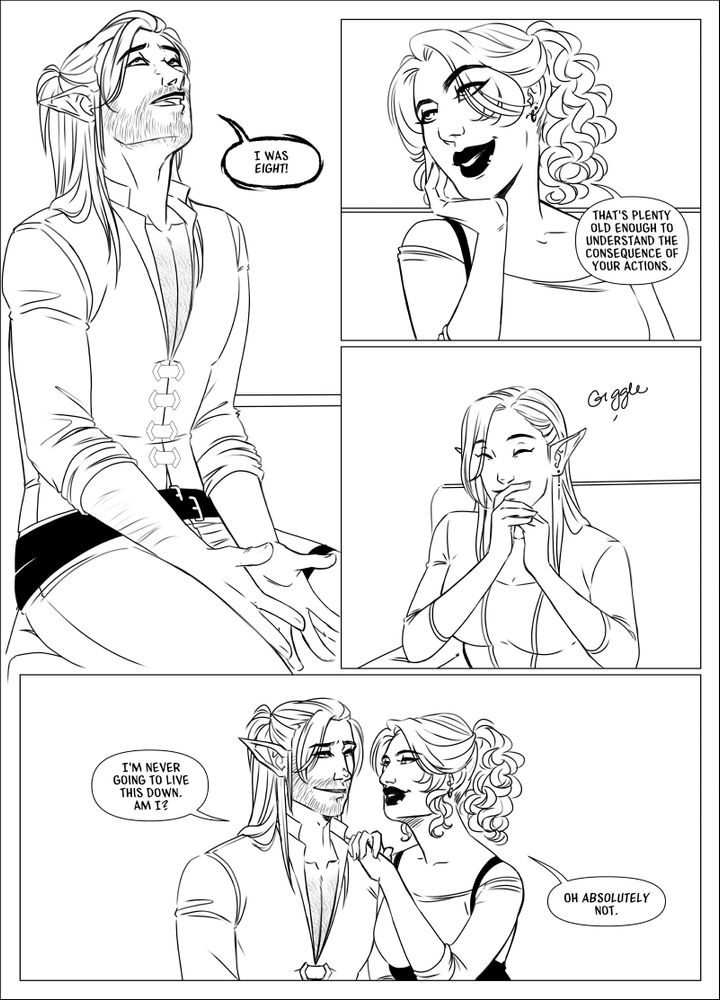 Vale spreads his hand in his lap, head tilted back with a beleaguered expression as he exclaims 'I was *eight*'. Tass tilts her head toward him, still just as delighted 'that's plenty old enough to understand the consequences of your actions'. Violet stifles a giggle. Tass stands up and rests her hands on Vale's shoulder, he looks at her with an indulgent expression 'I'm never going to live this down, am I?' Tass grins and replies 'oh *absolutely* not.'