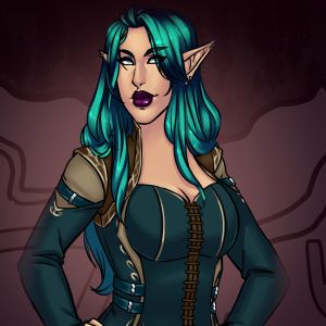 A comic panel crop with a mauve background, pictured is a woman with light skin and elf ears. She has full purple lips, pale green eyes and long blue-green hair, falling over her shoulders and down her back. She has her hands on her hips and wears and a dark teal bodice with gold and brown accents. 