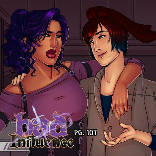 Tass, a woman with tan skin, green eyes and curly purple hair pulled back in a pony tail, stands with her arm slung around the arm of Klies, a person with light skin and chin length, shaggy brown hair, that's blue at the bottom. Tass wears a purple shirt with a black bodice and Klies wears a slouchy tan sweater. Tass looked at Klies unamused as Klies smiles back.