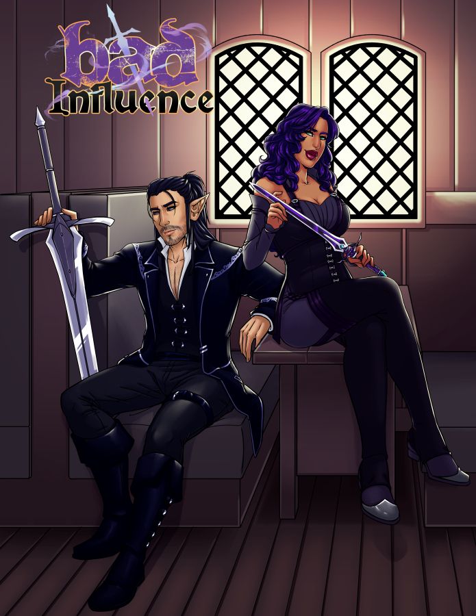 An illustration of my OCs, Vale and Tassera. They're in a booth at the Crow and Lyre tavern, the walls are wood panels, there's a pair of latticed windows behind Tassera's head with bright yellow light coming in. Vale sits on the edge of the left booth seat, one leg stretched out toward the viewer, his sword rests on its point, has right hand holding it up, it's taller than he is, sitting. He has light skin, purple eyes that look away toward the left and the floor, long blue hair pulled back in a half ponytail and a close cut beard. He has a long blue coat, over a blue vest and white shirt with a collar, a strap is around his left upper thigh and knee high boots. Tassera sits on the table to our right, turned toward the right slightly, legs crossed, she holds a dagger in her left hand, cradling the point in her right. She has medium skin, green eyes and wavy purple hair with a slight smirk on her face. She wears a bodice style top in dark purples with straps and thigh high boots. They are both back lit in yellow light from the windows.