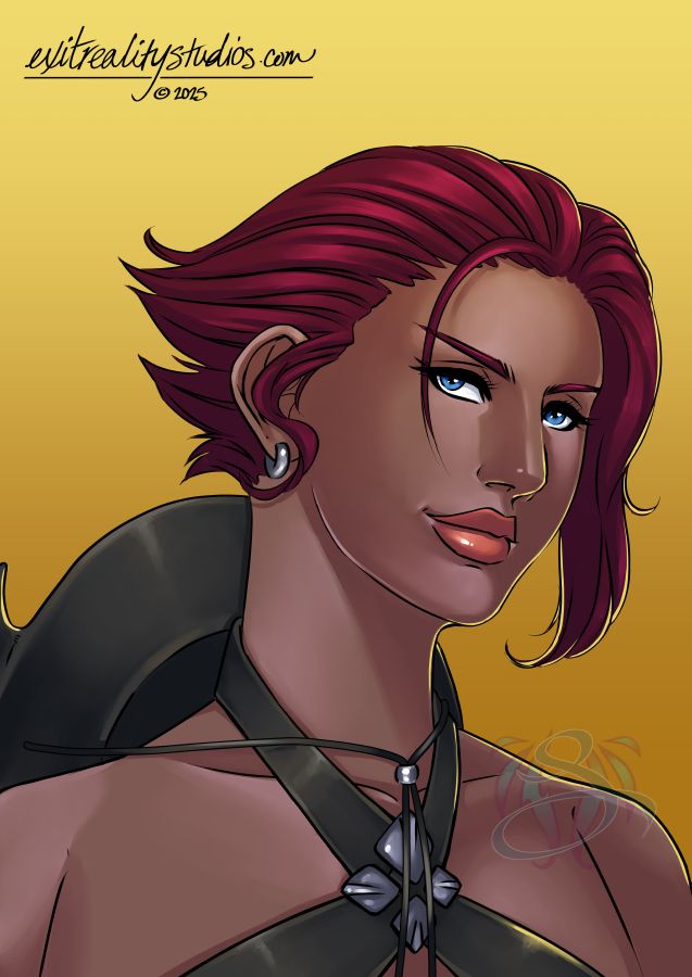 An illustration of a female roegadyn from FFXIV, pictured from the shoulders up, with tan skin, shoulders are bare with a wide black shirt strap going around behind her neck, a black cowboy had hangs behind her neck from a string. She has a slight smile with orange-tinted lipstick and blue eyes. She wears silver earrings and her hair is short and red, spiked off the back of her head. 