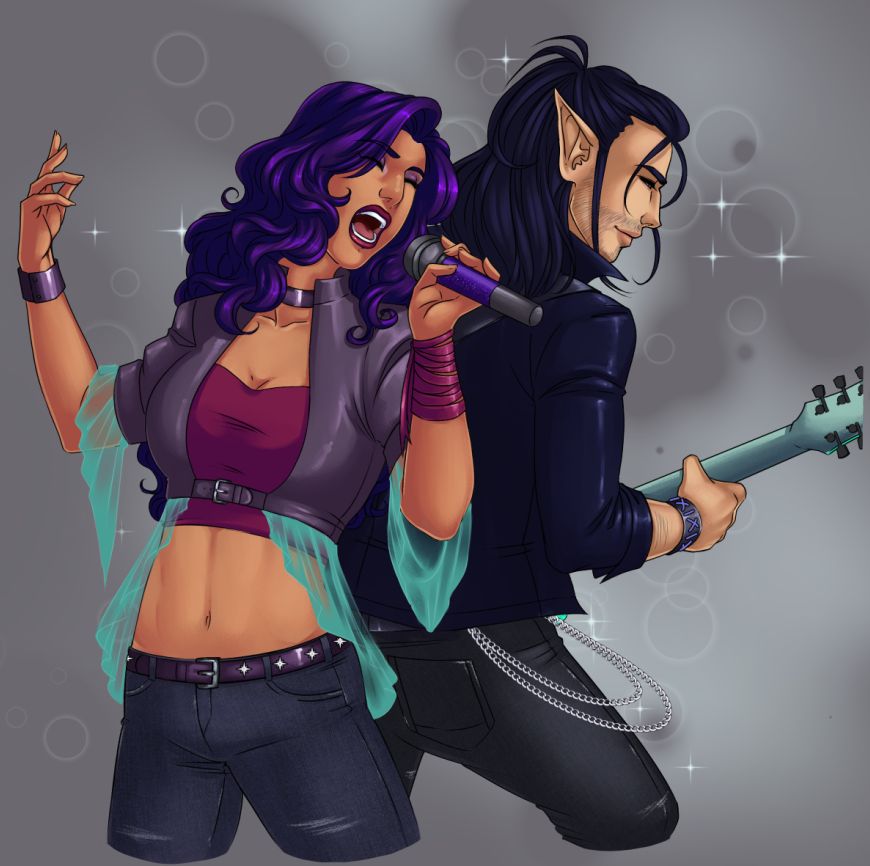 An illustration of a man and a woman. The woman has tan skin and curly purple hair. She wears a short cropped purple leather jacket with short sleeves and translucent green ruffles over a purple crop top, low rise jeans and a belt studded with stars, her arms are raised and she holds a microphone as she sings. The man behind her has his back to her, he has light skin and elf ears. He leans slightly over a guitar as he plays. He wears a blue leather jacket jeans and two wallet chains.
