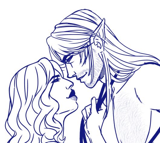 A sketch in blue of two people from the shoulders up in profile, Vale, man with elf ears and long straight hair looks down, his chest bare with a hint of laces or ribbon running around it up to his neck, Tass a woman with full lips and curly hair is on the left looking up at him, her hand holding the ribbon and pulling him toward her