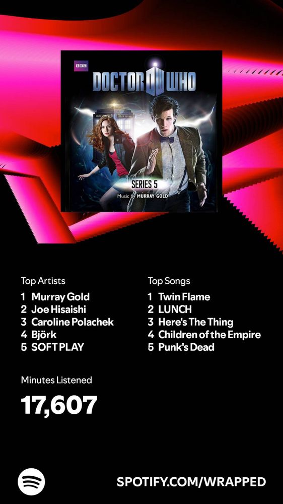 My Spotify wrapped with a picture of Doctor Who Series 5 soundtrack.
Top Artists: Murray Gold, Joe Hisaishi, Caroline Polacheck, Bjork, Soft Play.
Top Songs: Twin Flame, Lunch, Here's The Thing, Children Of The Empire, Punk's Dead.