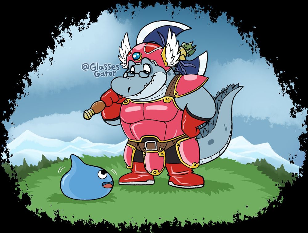 A blue anthro alligator holding an a big axe and wearing the Warrior Vocation armor from Dragon Quest 3, has a monster encounter with a single Slime. But the alligator doesn't wanna hurt him, so he just stares at the little monster with a sympathetic smile.
