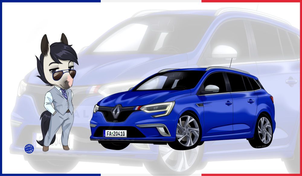 A Chibi horse posing with a Renault Megane GT