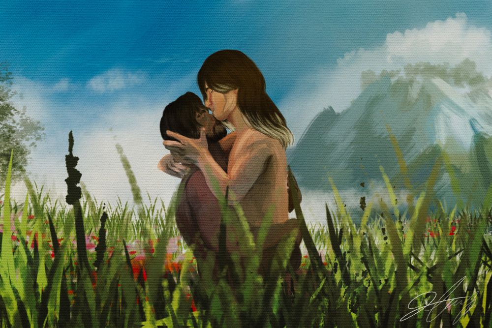 A drawing of Jayce and Viktor in the field where Jayce and his mother were teleported when he was a child. They look happy, alive and in love. And are also bare naked