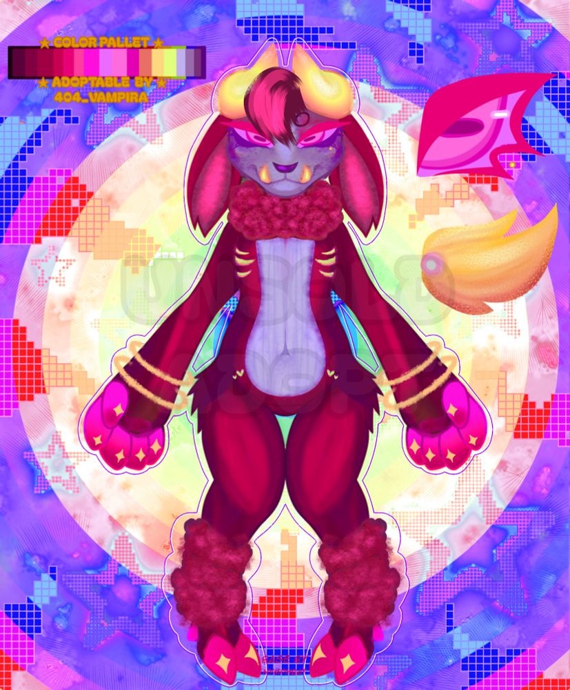 Raspberry Red, Goat character, furry, with golden; horns, fangs, and tail. With Magenta eyes and paws, pink hooves and ears. With fluffy leg cuffs and neck fur.  Golden rings around the wrists, sparkle stars on the fingers and hooves, ribcage, and hearts on the hips.  Background is colourful with a color Palette included. 