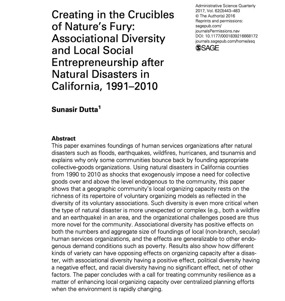 A screenshot of "Creating in the crucibles of nature's fury: Associational diversity and local social entrepreneurship after natural disasters in California, 1991-2010", by Sunasir Dutta