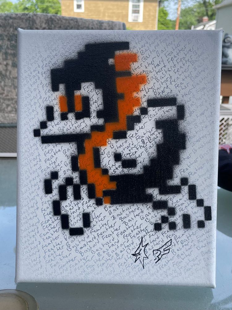 A stencil on canvas of “bastardfeather” in the style of the Ducktales NES game