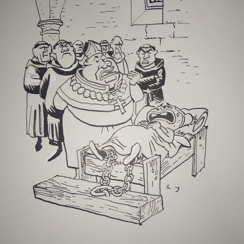 Jeanne d'Arc dans sa prison,couchée dans son lit, chaînes aux pieds, malade, entourée par ses juges dont l'évêque de Beauvais.