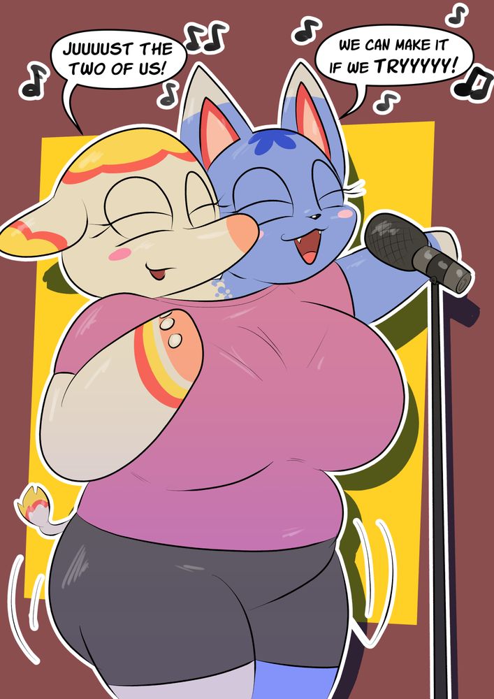 margie the elephant and rosie the cat from animal crossing conjoined and singing "just the two of us" together