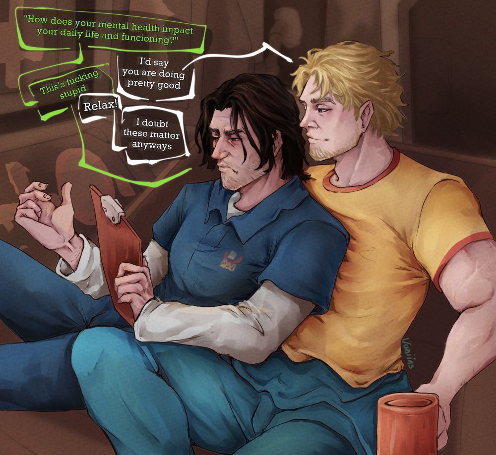 A drawing of the characters Jimmy and Curly from the game Mouthwashing, sitting together while looking at some papers as Jimmy seems annoyed while Curly seems pretty content.