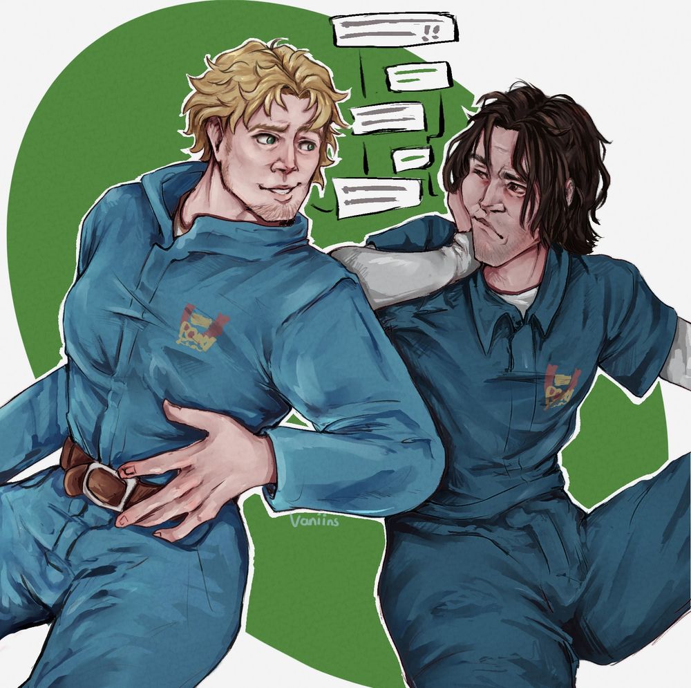 A digital drawing of Curly and Jimmy from the game Mouthwashing talking with each other in front of a green and white background 