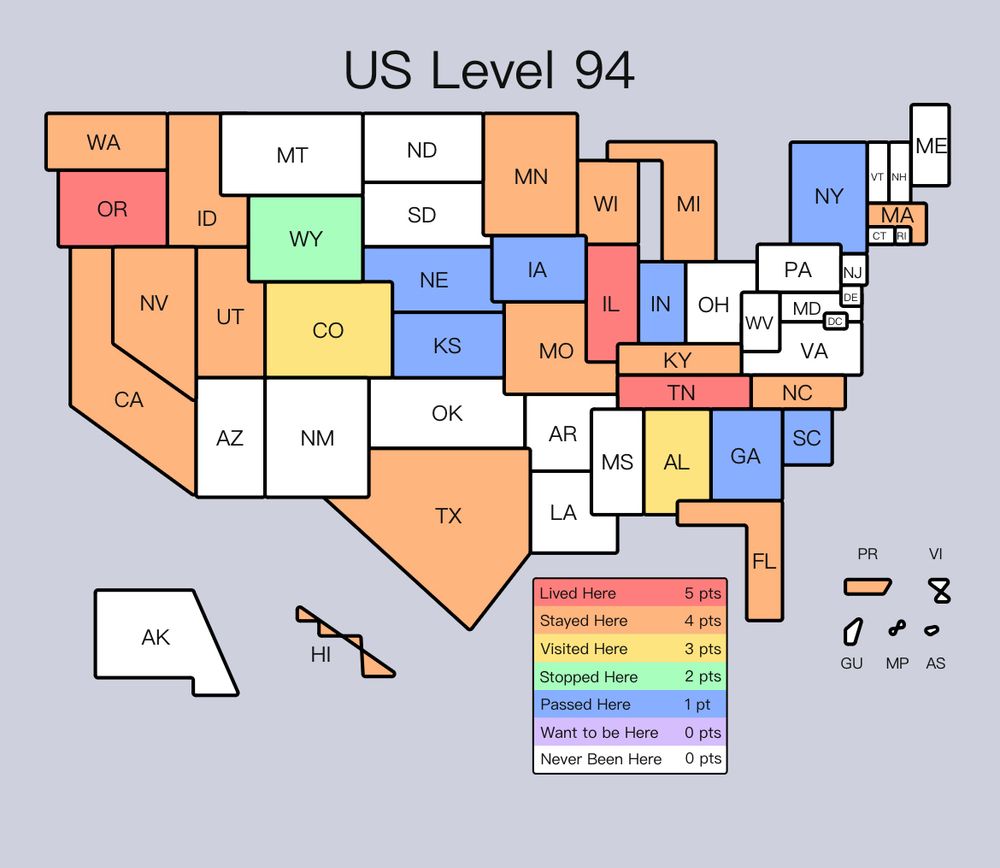 A map depicting all the places that I’ve lived, stayed, visited, stopped, passed through, or want to go to within the US. I’ve lived in Oregon, Illinois, and Tennessee, and travelled through most of the west coast, Pacific Northwest, and the south