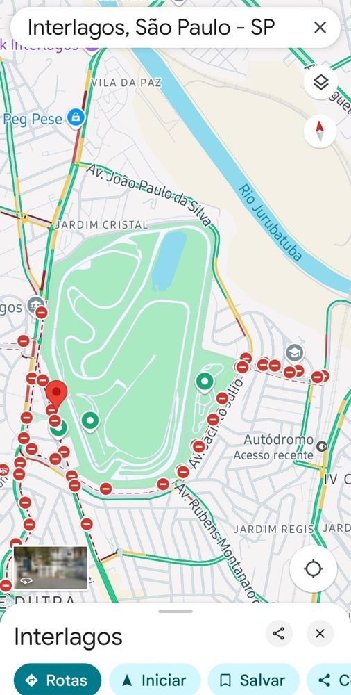 Mapa do entorno do Autódromo de Interlagos em São Paulo-SP, mostrando os bloqueios parciais das avenidas.