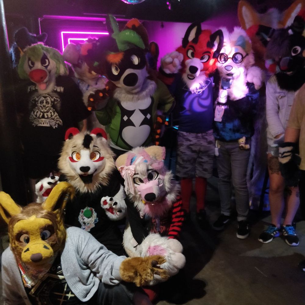 A picture of a variety of fursuits taking a photo