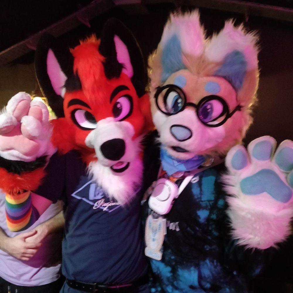 A picture of Adrian, a Red Fox Fursuiter aswell as another Cat/Fox Fursuiter giving a wave
