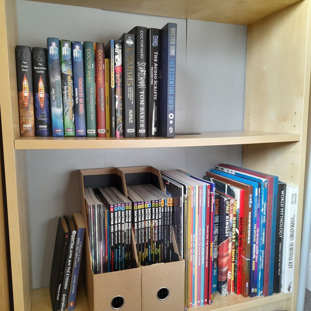 And finally the fourth and fifth shelf, AKA the TBD shelf and the Heavy book shelf. Its always important to have a gap on your bookshelf. That's how you know you can fill it with MORE books. A few New Series Adventures, some reference books, graphic novels, comic books, annuals, and naturally; the Animator's Survival Kit.