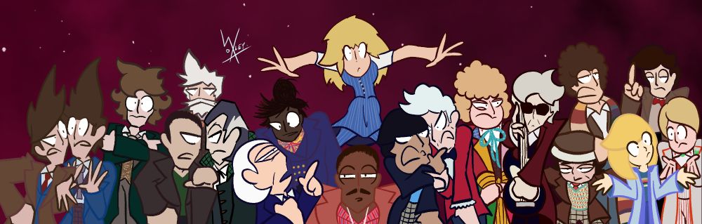 The full thing with all the Doctors (well, most of them at least). From left to right we have 10, 14, 8, 9, the War Doctor, the Shalka Doctor, 1, the Fugitive Doctor, whoever Billie Piper is, 15, 2, 3, 6, 12, 7, 4, 13, 11 and 5.

Y'know, when I type all that out, the show seems a tiny bit confusing doesn't it?