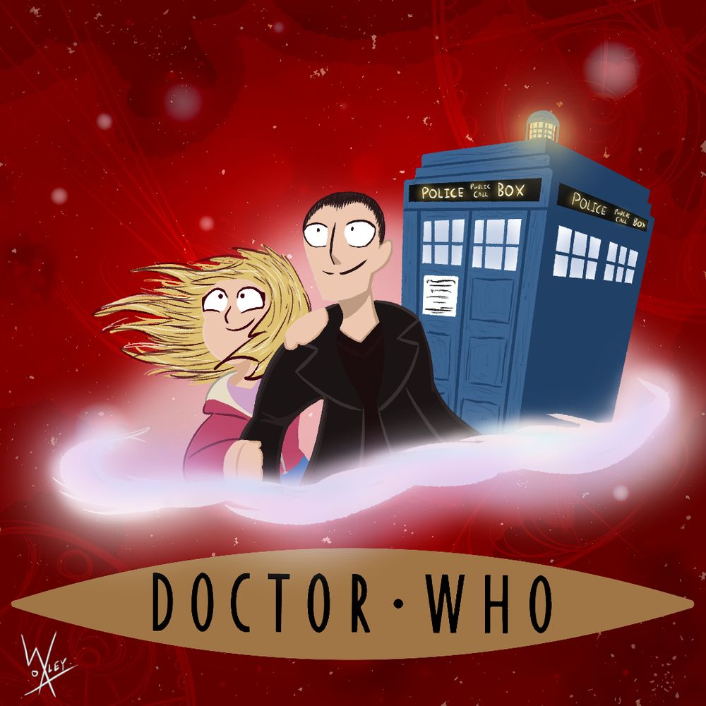 The Ninth Doctor, Rose Tyler and the TARDIS, floating amidst a red scene in space. Like those old DVDs from back in the day. Both the Doctor and Rose are looking off to the left, presumably where adventure awaits. A gold version of the 2005 logo is at the bottom.