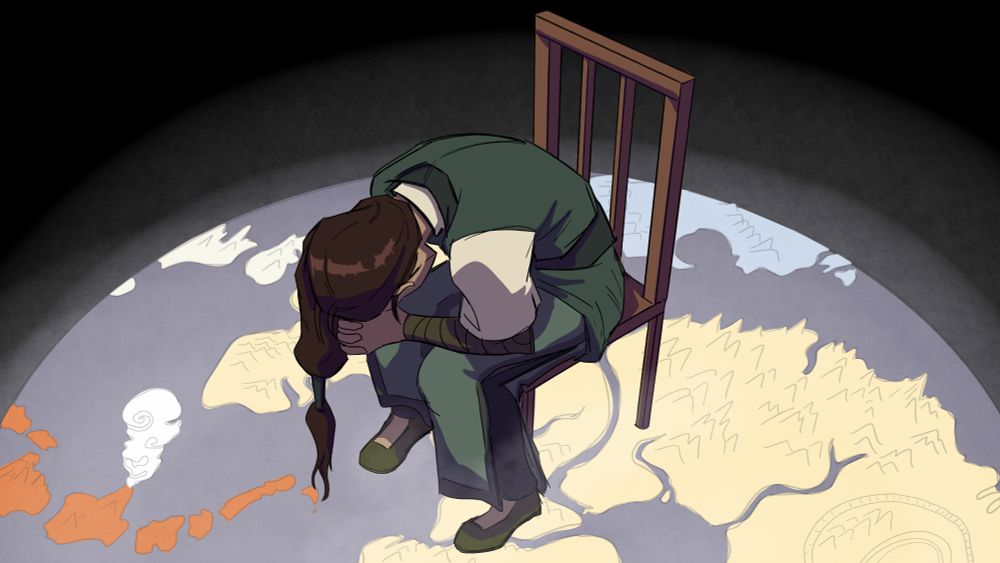 Avatar Kyoshi sitting on a chair in the "Shinji pose" from Evangelion, head in hands, on top of the Avatar world projected beneath her