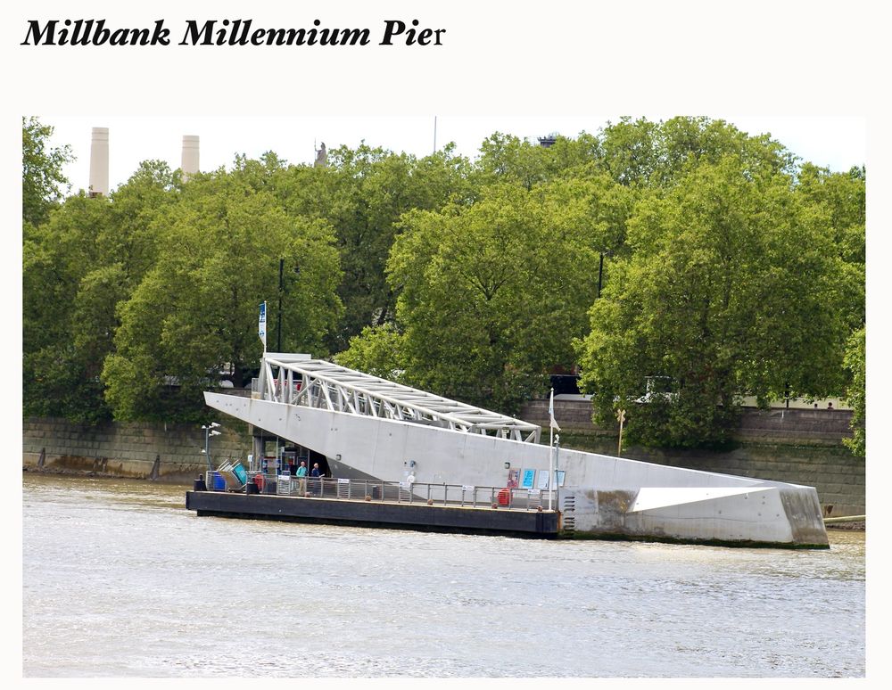 This image shows the Millbank Pier on the Thames with a background of green plane trees. Photographs in order from Millbank Millennium Pier downstream to Tower Millennium Pier.