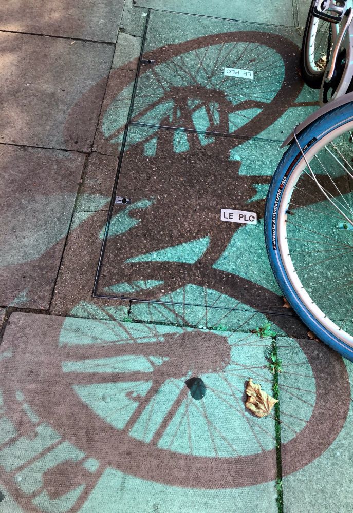 Shadow of a bike in blue light reflected on the pavement.