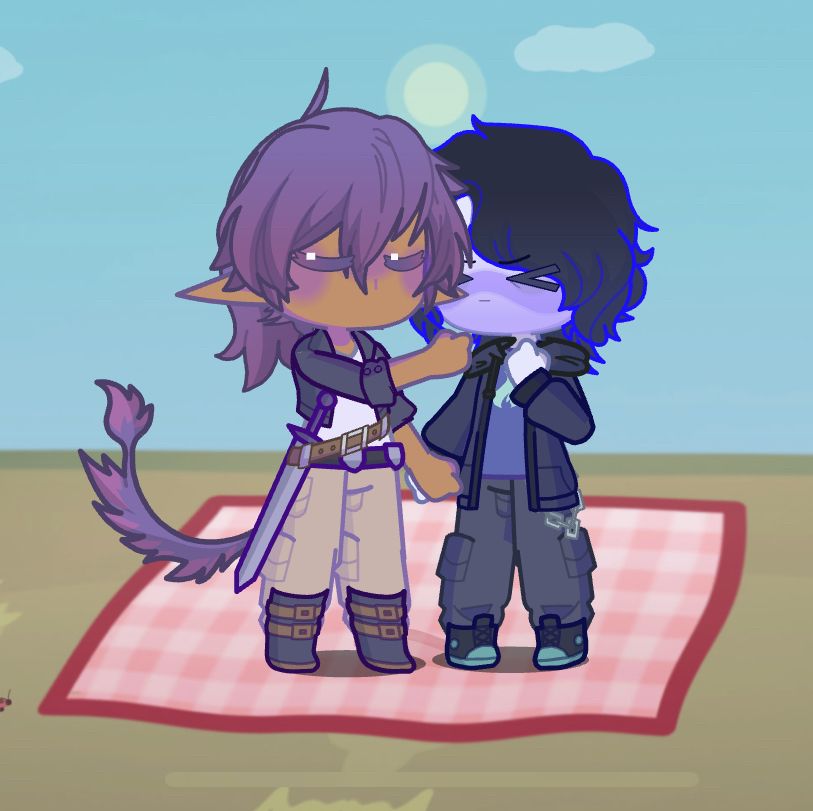 William wisp and Vyncent sol from JRWI kissing on a picnic blanket. Made on gacha life 2.