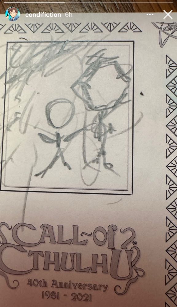 Condifiction’s Call of Cthulhu Character Sheet: Character Art, stick figure with a stick figure made of scribbles behind it.