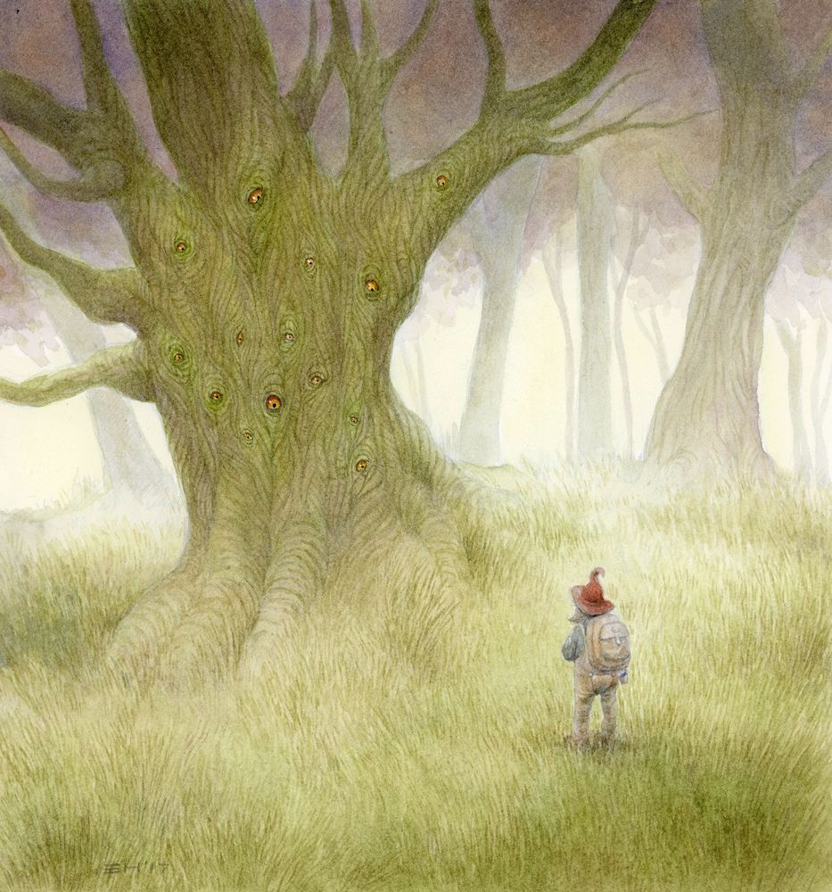 painting - a clearing in the wood where a small man in a rucksack and a red hat stands in front of a huge tree which is covered with yellow eyes, looking at him. 
