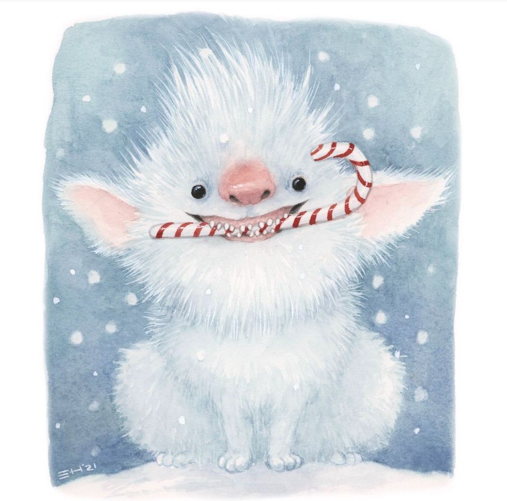 A cute little fluffy white creature with a pink nose and candy cane in its mouth. It’s also snowing. Watercolour 