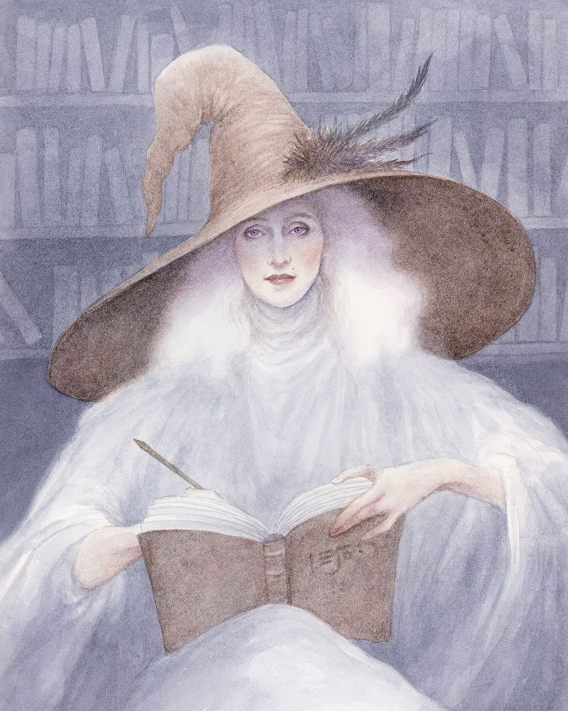 a white witch with white hair in a library setting. She has a HUGE wide brimmed pointed hat on with feathers in it and onher lap she has a book which she is writing in. 