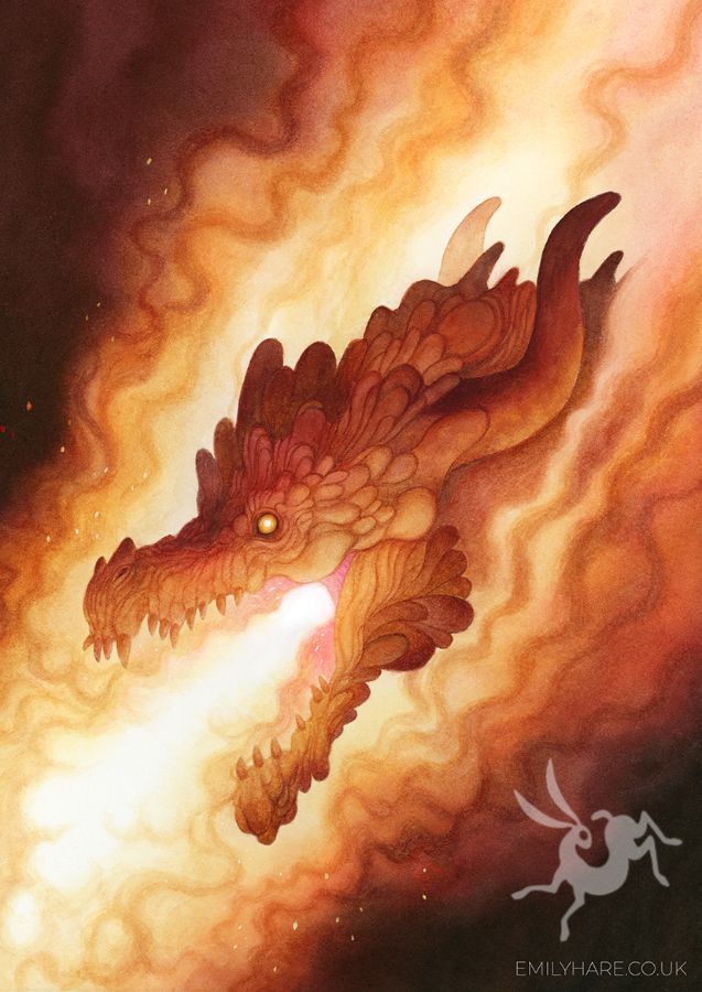 A dark red dragon surrounded by the swirling flames from its mouth. It has horns and various armoured growths around its head and its eyes are glowing yellow. Watercolour