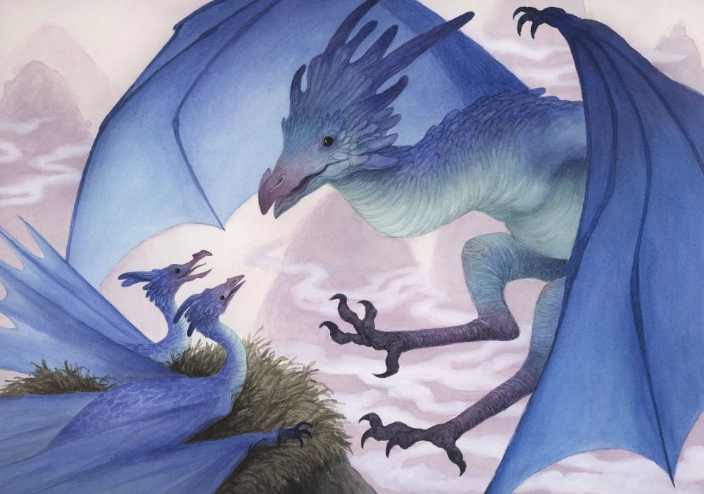 a large winged blue dragon prepares to land on a nest with two baby blue dragons waiting in the nest for their dinner. 