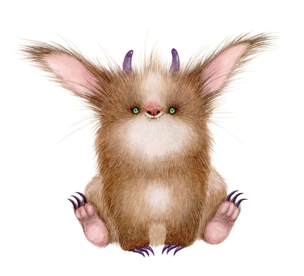 a fluffy little monster sitting facing us so you can see the soles of his back feet which have long claws. He is a rich brown and he has long fuzzy ears and some purple horns and bright green eyes. 