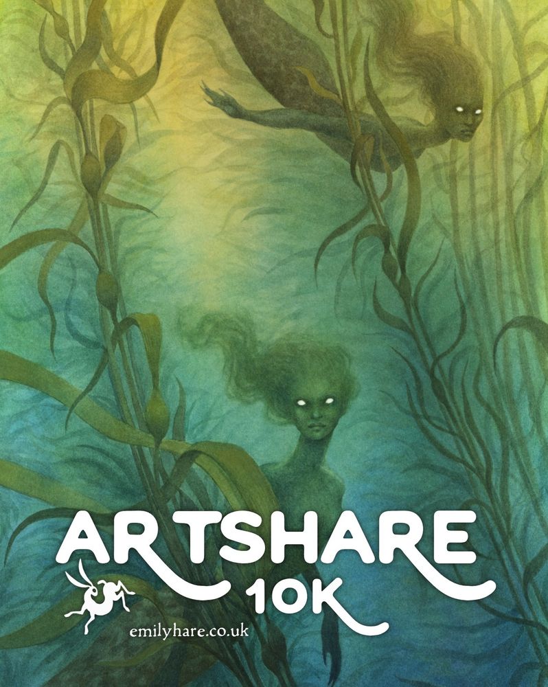Watercolour painting. The scene is underwater in a kelp forest, blue green to green from bottom to top and two Selkies are floating amongst the kelp staring at us with burning white eyes. 