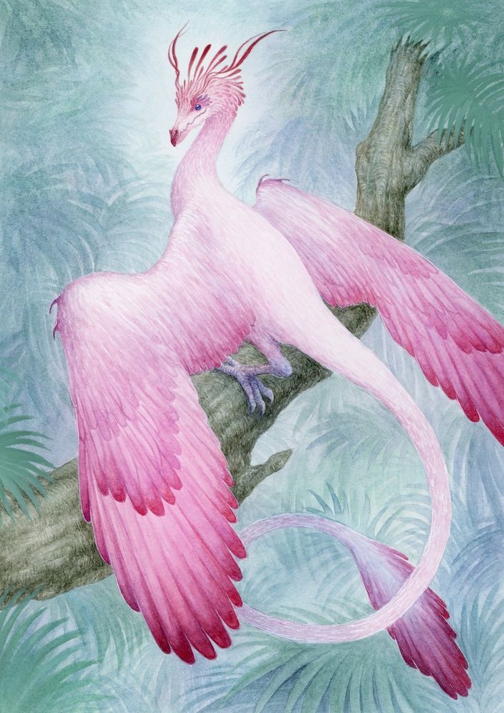 a glorious pink hued feathered dragon sits on a branch surrounded by lush green jungle. It has a slender feathered narrow tail with a plume of feathers at the end, and sleek curved pink wings with dark tips and claws at the bend of the wing so it can clamber up tree trunks. 