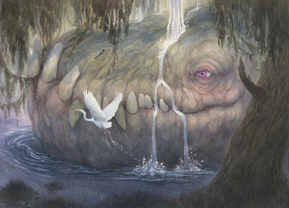 A peaceful scene of a swamp, with greens, blues and purples, a tree in the foreground and the head of a huge dragon visible resting in the water. A white heron takes off next to the dragon and it's eye is open. 
