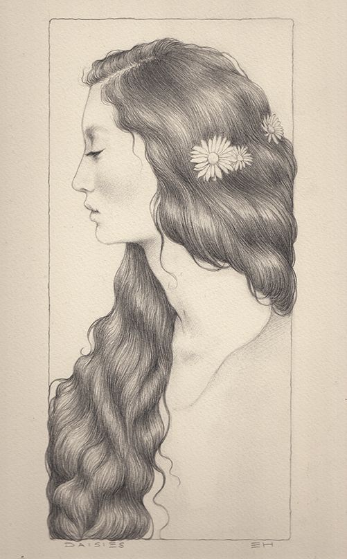 pencil portrait of a woman in profile with long wavy hair with daisies in the hair. 